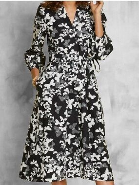 Talbots Black and White Floral Midi Wrap Dress